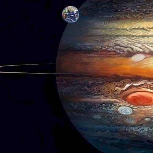 An artistic depiction of Jupiter with its Great Red Spot, a spacecraft, and a distant view of Earth in the background.