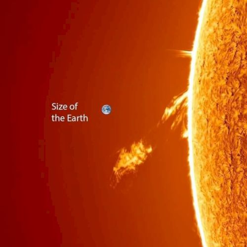 The image shows a comparison of the Earth's size to the Sun, with the Earth depicted as a small circle next to a section of the Sun.