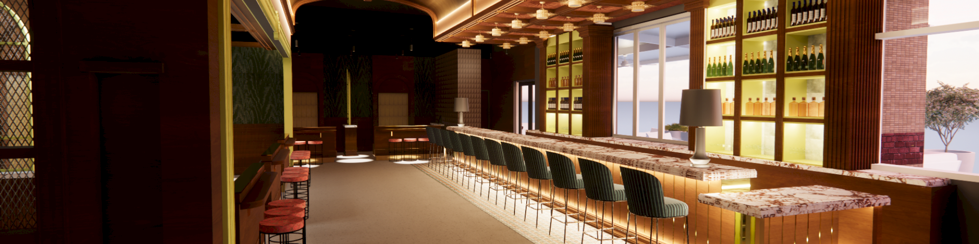 The image shows an elegant bar interior with a long counter, stylish stools, and warm lighting, creating a welcoming atmosphere.