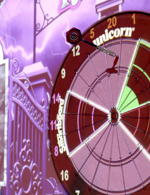 The image shows a digital dartboard game interface with player stats on the left and a colorful circular dartboard score display on the right.