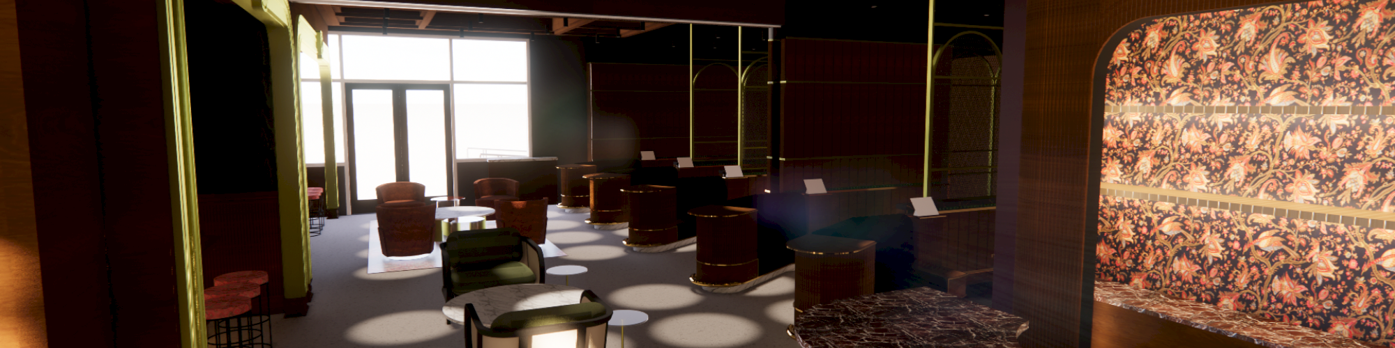 The image shows a modern, warmly lit interior with a marble counter, patterned wall, chairs, and tables, illuminated by sunlight through windows.
