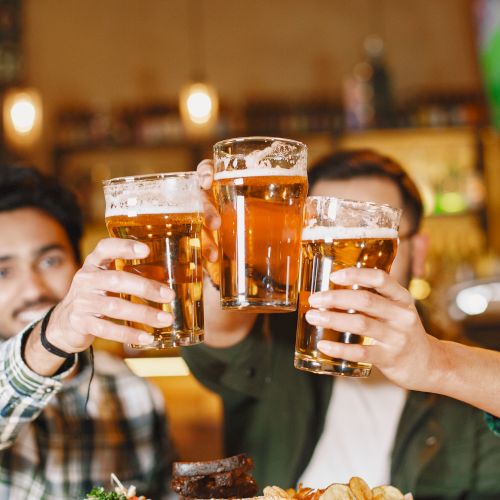 A group of people is toasting with beer glasses in a cozy bar setting, suggesting a social or celebratory occasion.