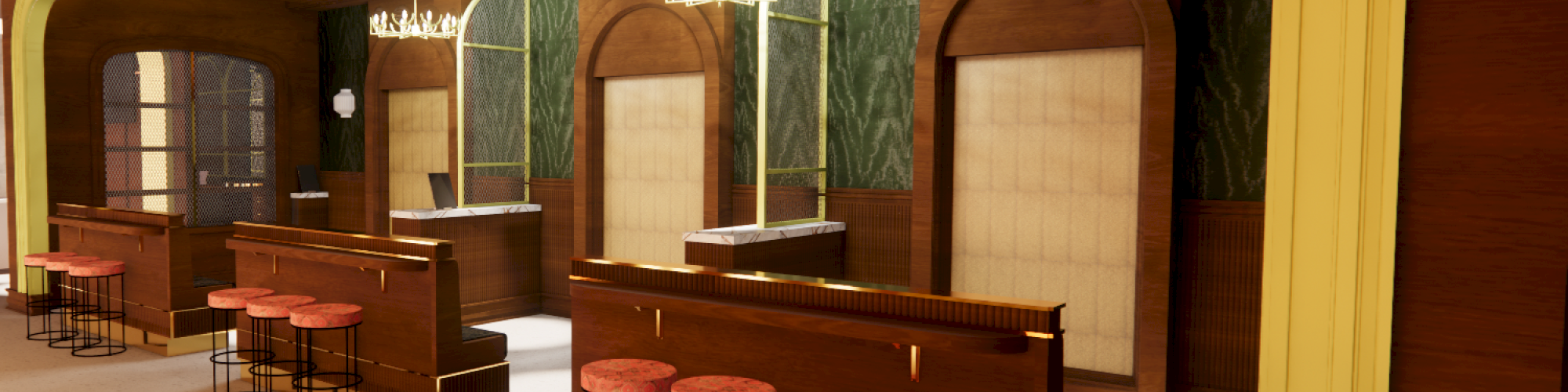 The image shows a stylish, modern bar interior with high stools, elegant lighting, and a sophisticated design.