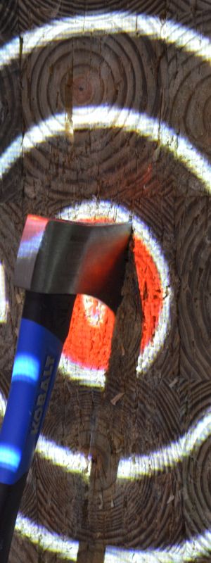 An axe is embedded in the bullseye of a wooden target with concentric circles and numbers 1 to 5.