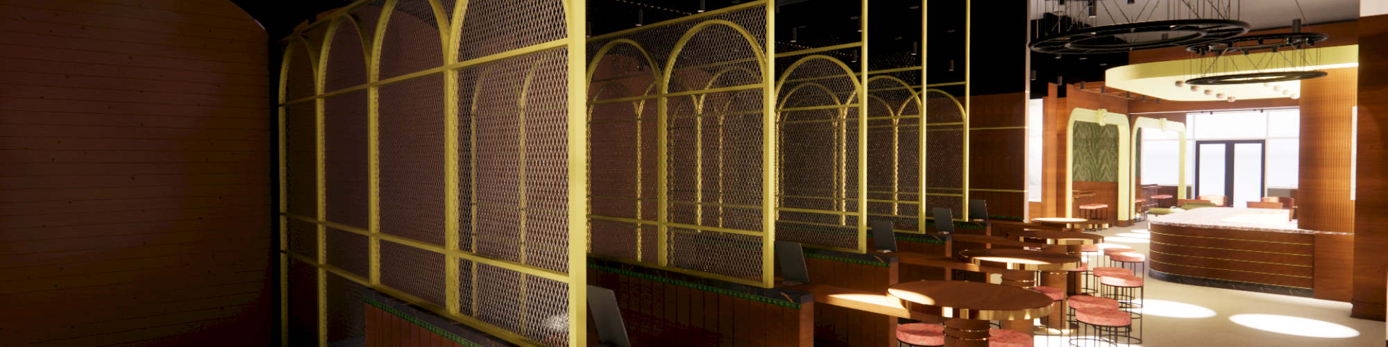The image shows a modern restaurant interior with wooden tables, red chairs, and decorative metal dividers under warm lighting.