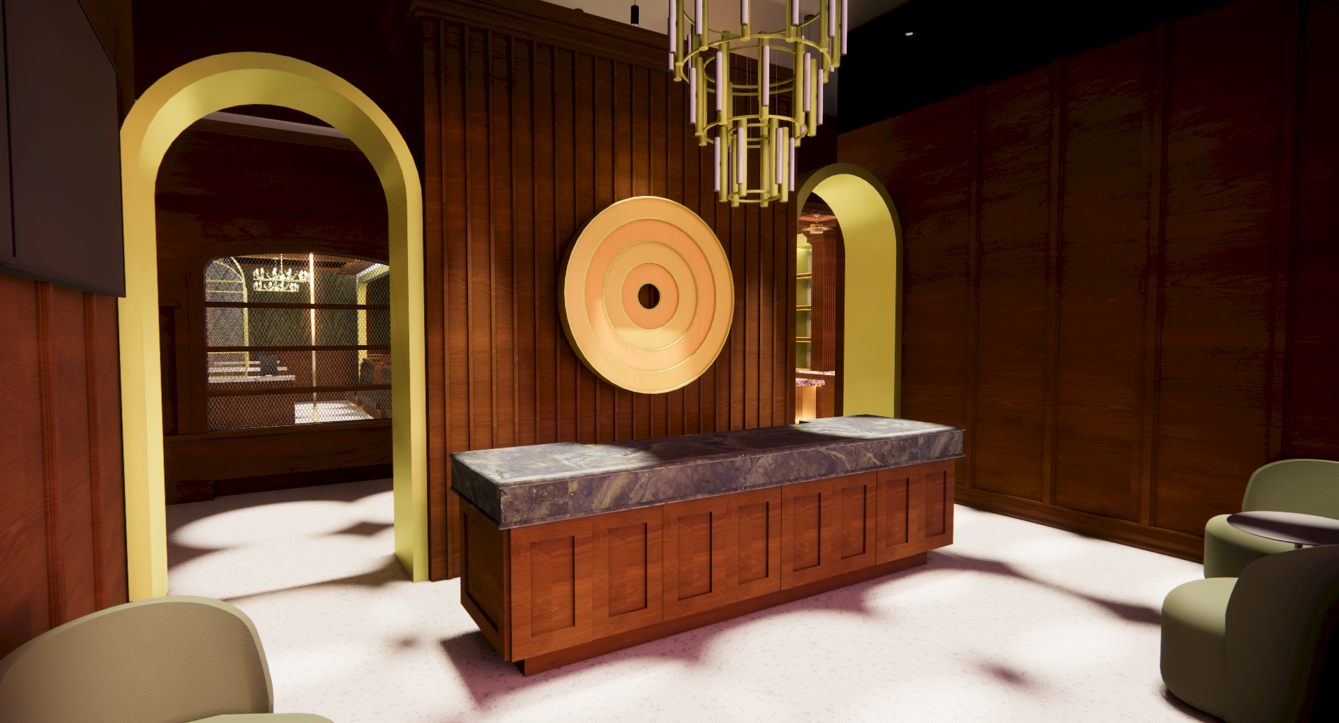 A stylish interior with wood paneling, a central countertop, circular wall art, arched doorways, and a chandelier hanging from the ceiling.