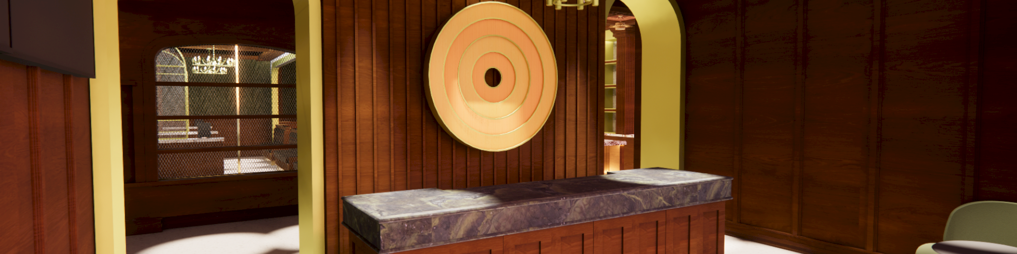 A stylish interior with wood paneling, a central countertop, circular wall art, arched doorways, and a chandelier hanging from the ceiling.